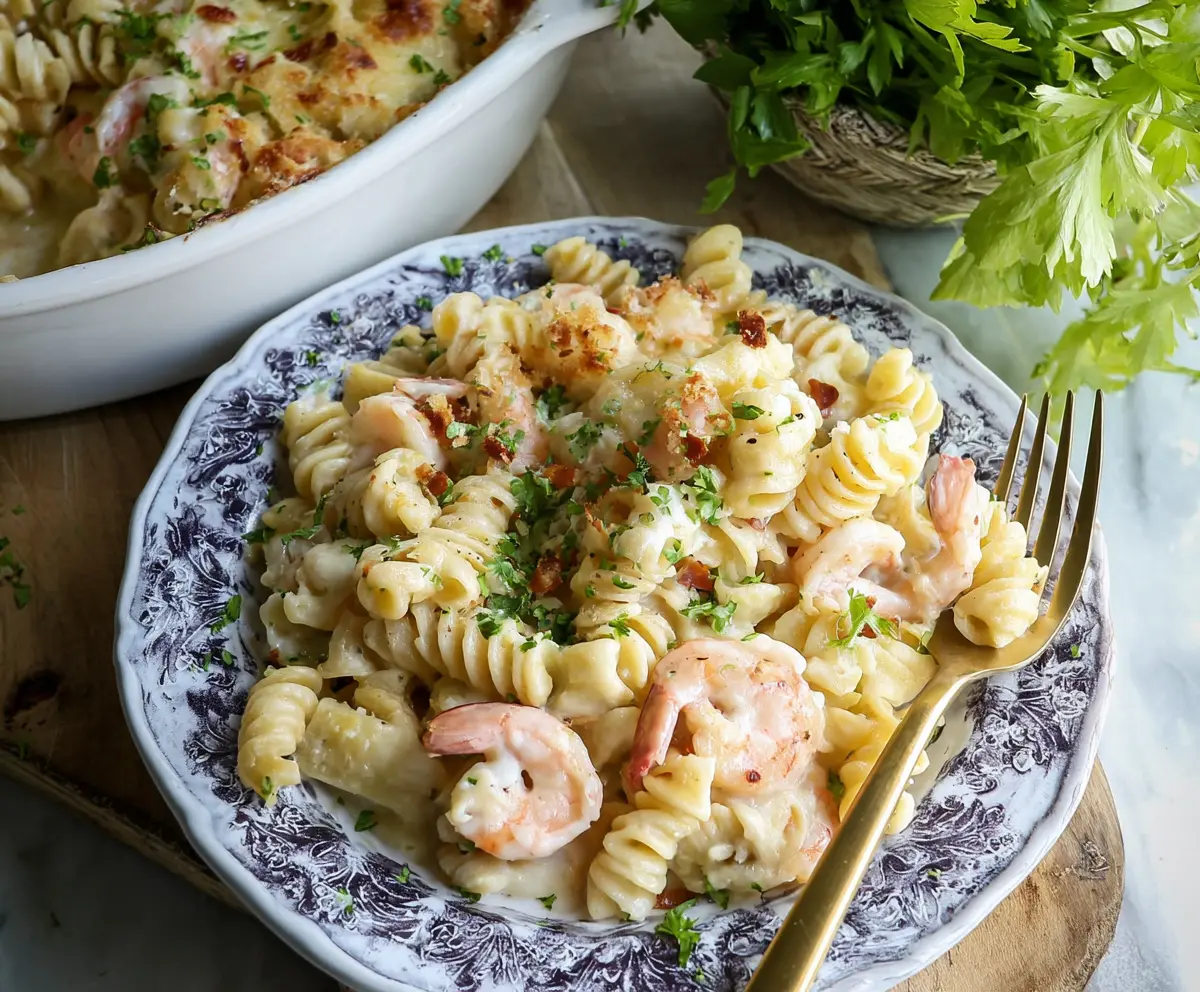 Delicious shrimp Alfredo pasta bake with creamy sauce and melted cheese