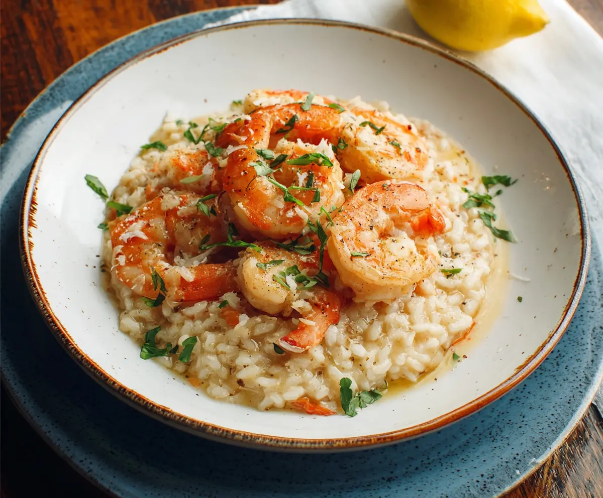Delicious shrimp risotto garnished with fresh herbs and served in a stylish bowl.