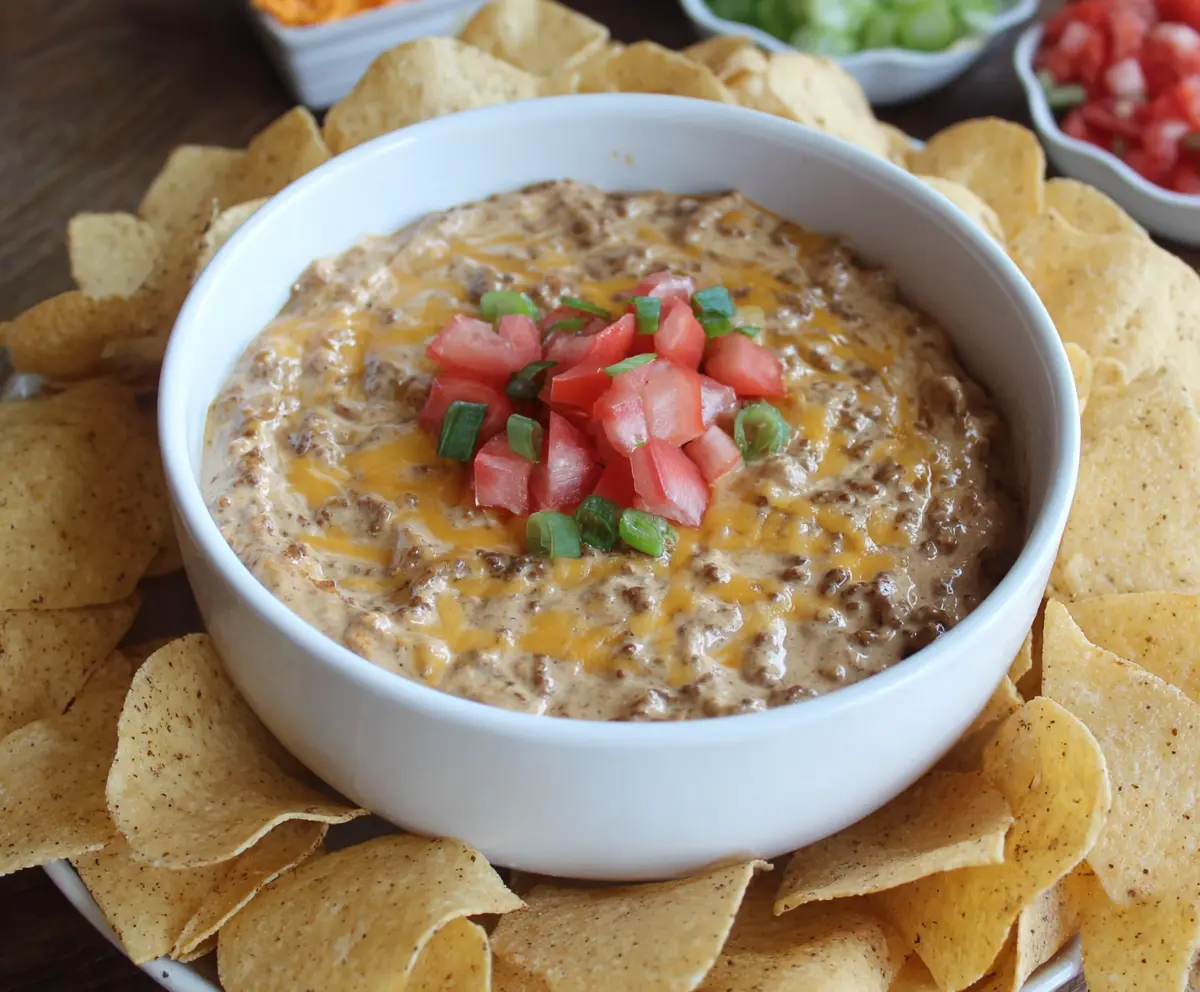 Delicious Slow Cooker Big Mac Dip with melted cheese and savory beef in a serving dish.