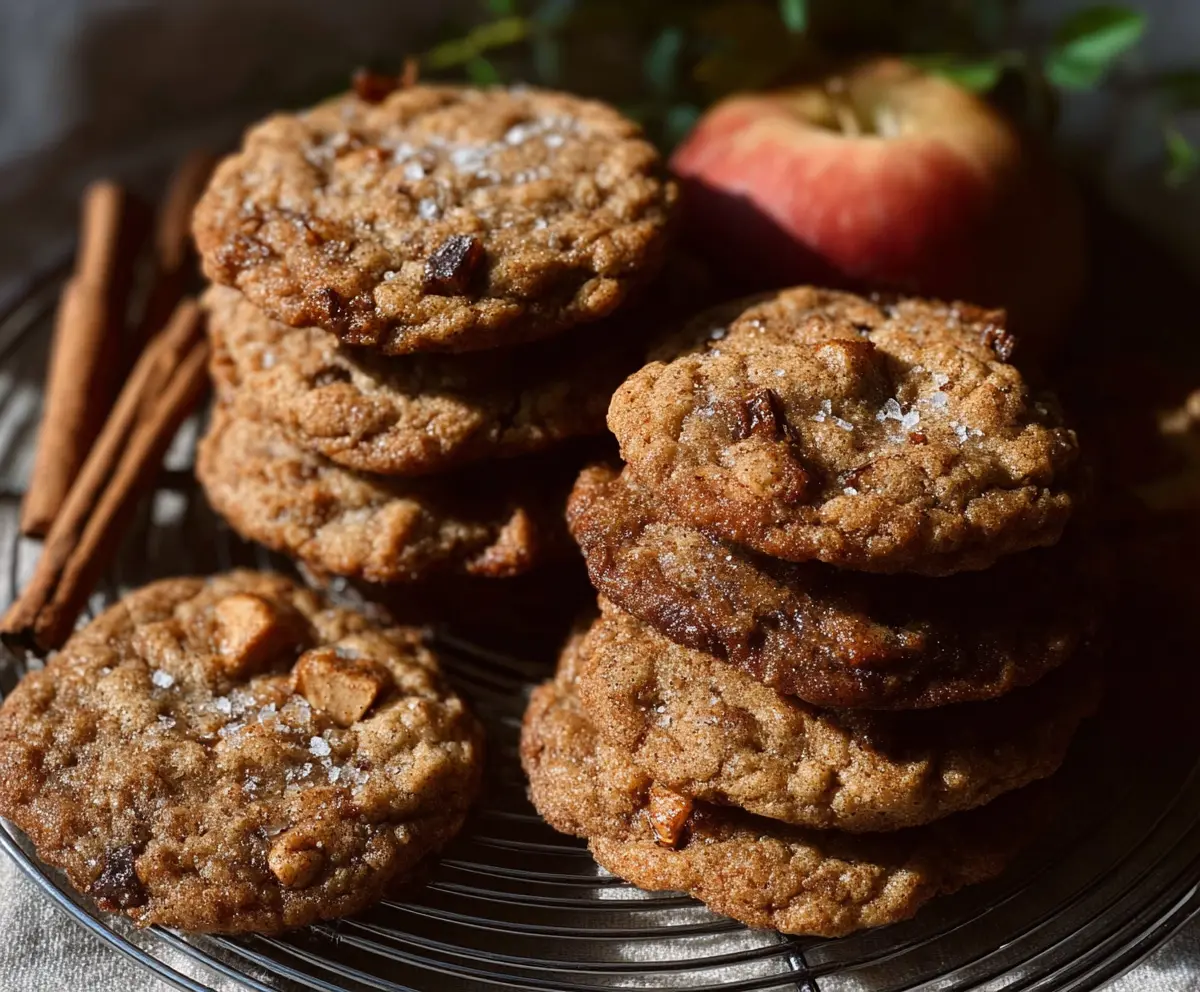 Delicious Sourdough Apple Cider Cookies with a golden-brown finish on a rustic wooden surface.