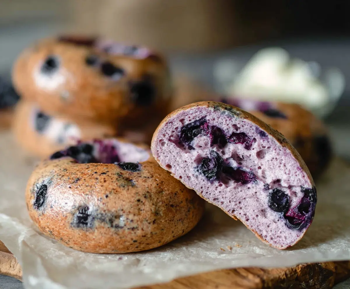 Freshly baked sourdough blueberry bagels on a rustic wooden board with blueberries and herbs.