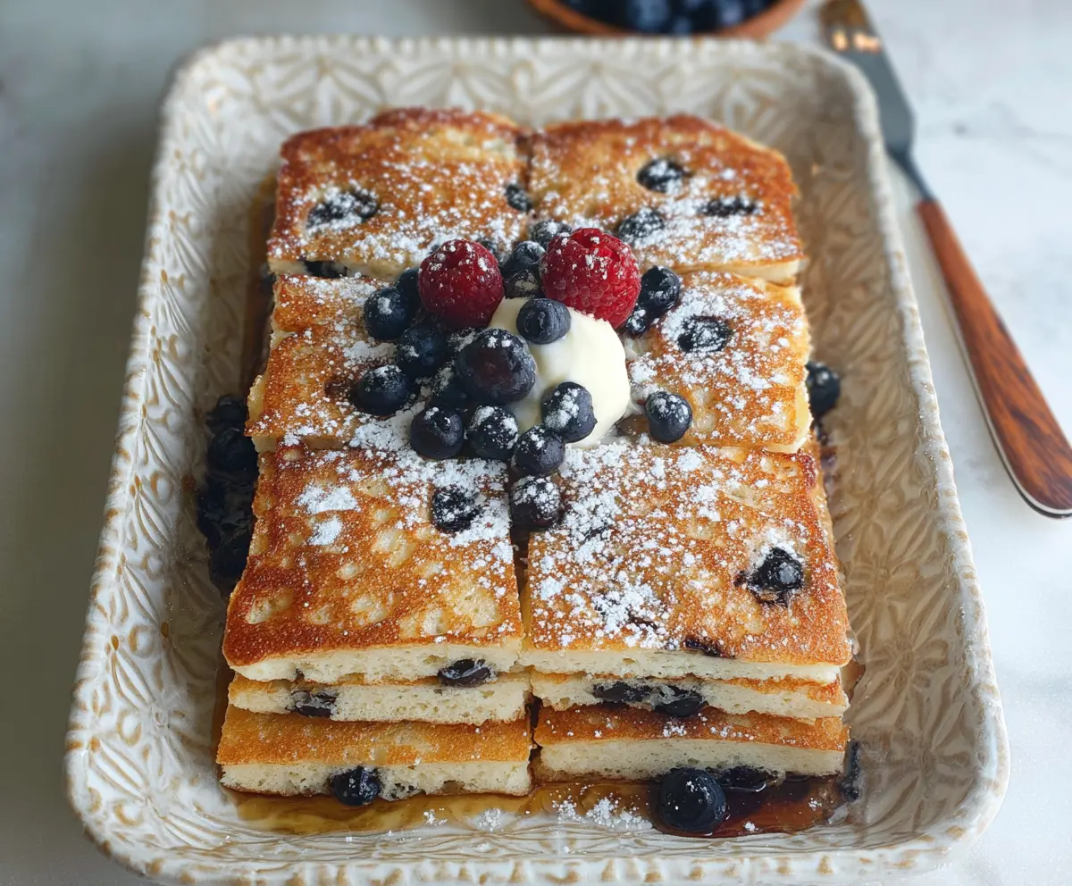 Delicious sourdough discard sheet pan pancakes topped with fresh berries on a baking sheet.