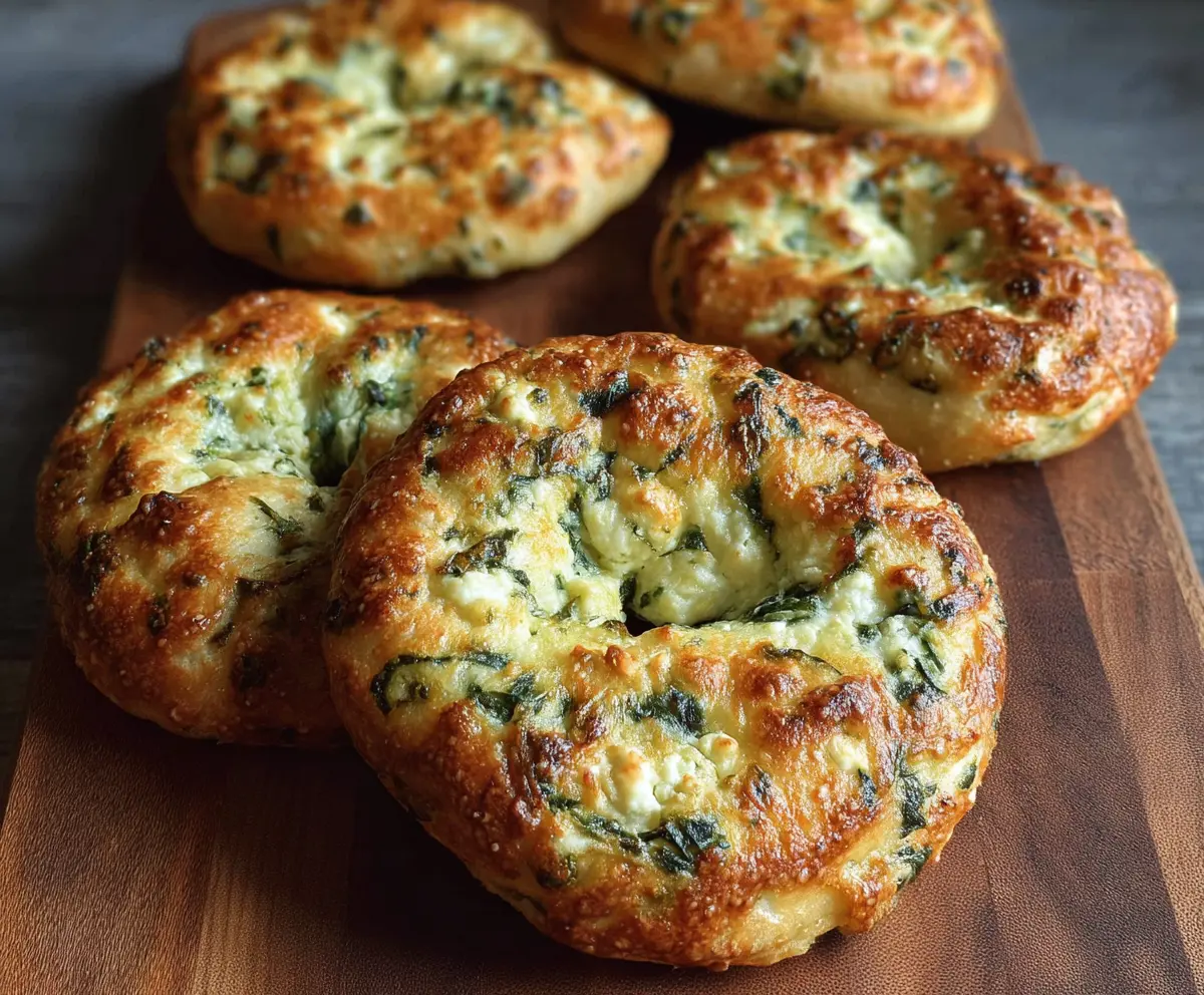 Delicious spinach and cottage cheese flat bagels on a plate, perfect for a healthy breakfast or snack.