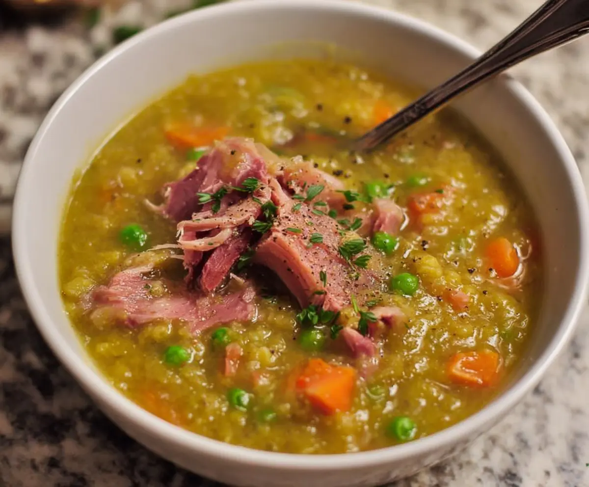 Hearty split pea soup with a ham bone served in a rustic bowl, perfect for a comforting meal.