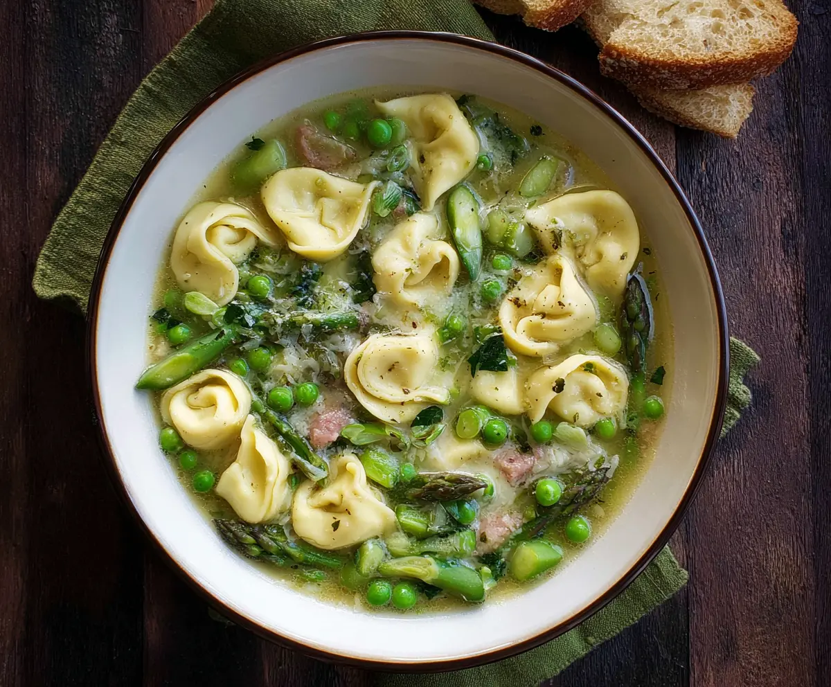 A bowl of Spring Tortellini Soup with fresh peas and asparagus, garnished with herbs.