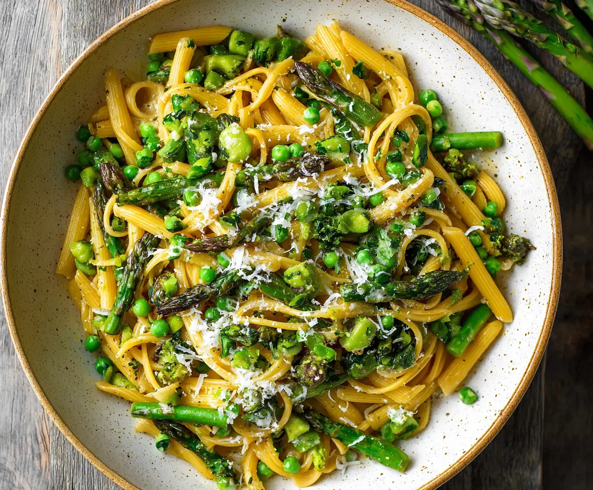 Colorful spring vegetable pasta with fresh asparagus, cherry tomatoes, and zucchini on a white plate.