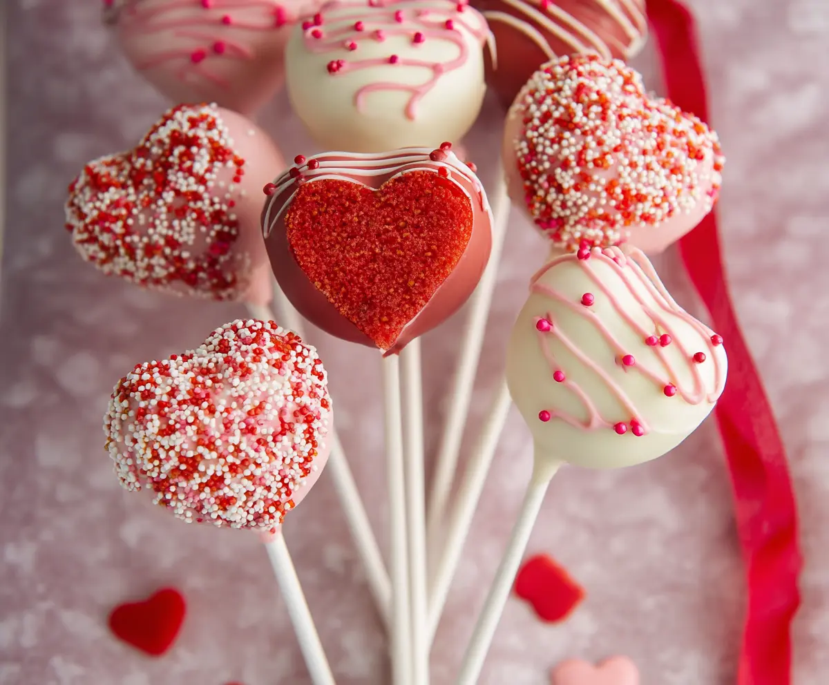 Delicious strawberry heart-shaped cake pops for Valentine's Day celebrations.