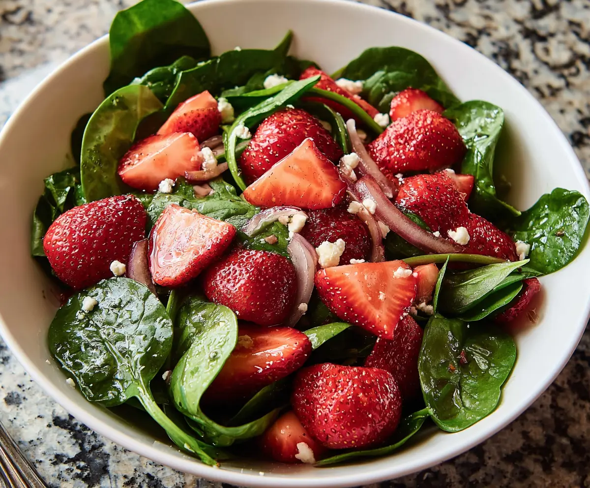 Fresh strawberry spinach salad with feta cheese and balsamic vinaigrette on a white plate.