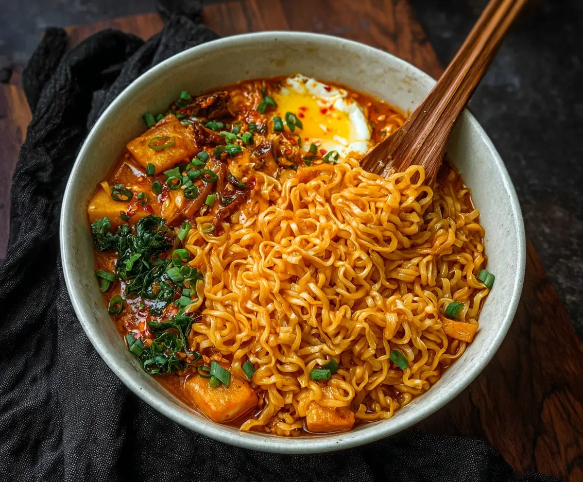 Delicious Sweet Thai Chili Ramen Noodles served in a bowl with vibrant vegetables and garnished with fresh herbs.