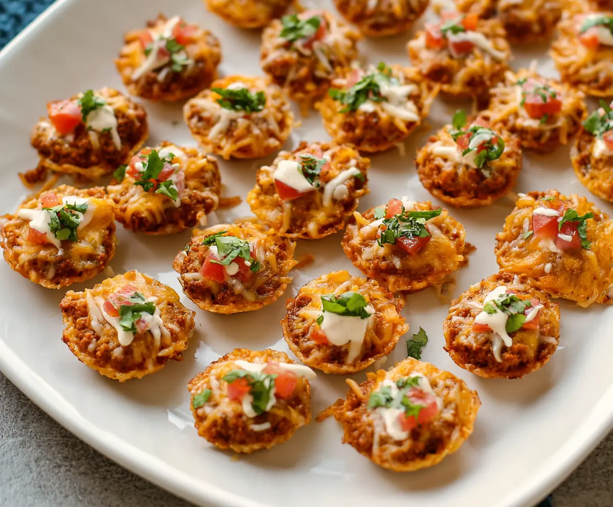 Delicious Taco Ranch Bites with crispy tortilla chips, seasoned ground beef, and creamy ranch dressing.