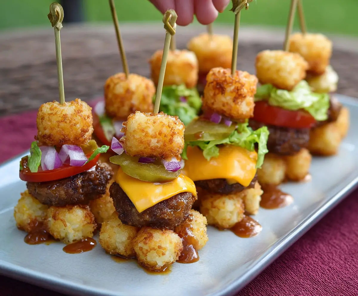 Delicious Tater Tot Mini Cheeseburger Bites served on a plate, perfect for party appetizers