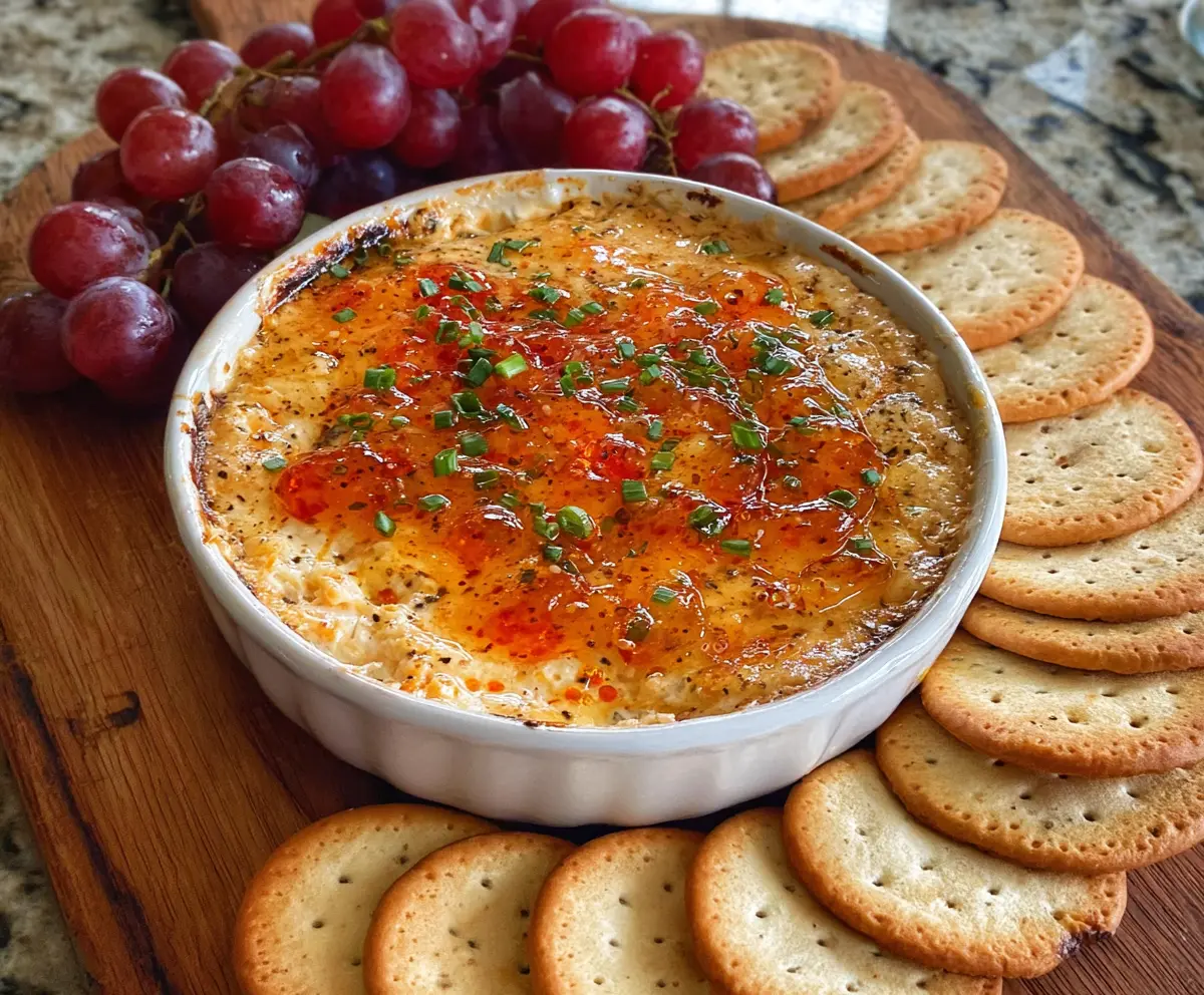 Creamy Pepper Jelly Cheese Dip served with crunchy crackers and fresh vegetables for a flavorful snack.