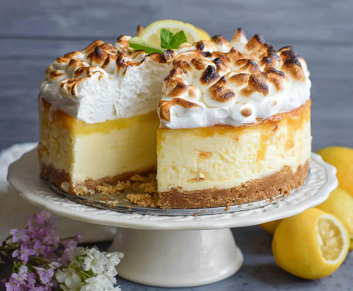Delicious Triple Lemon Meringue Cheesecake garnished with fresh lemon slices and fluffy meringue topping.