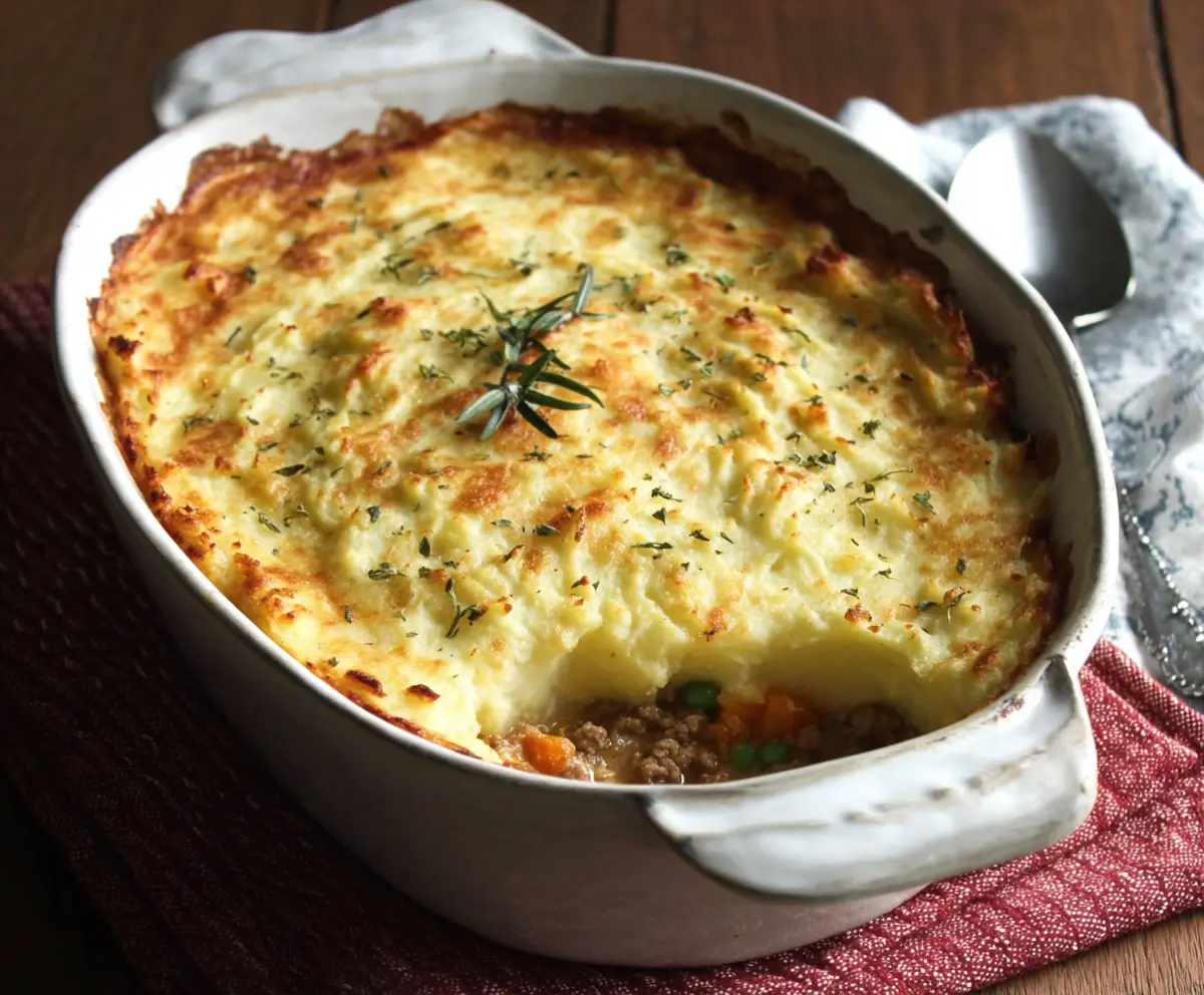 Delicious homemade Turkey Shepherd's Pie with mashed potato topping and savory turkey filling.