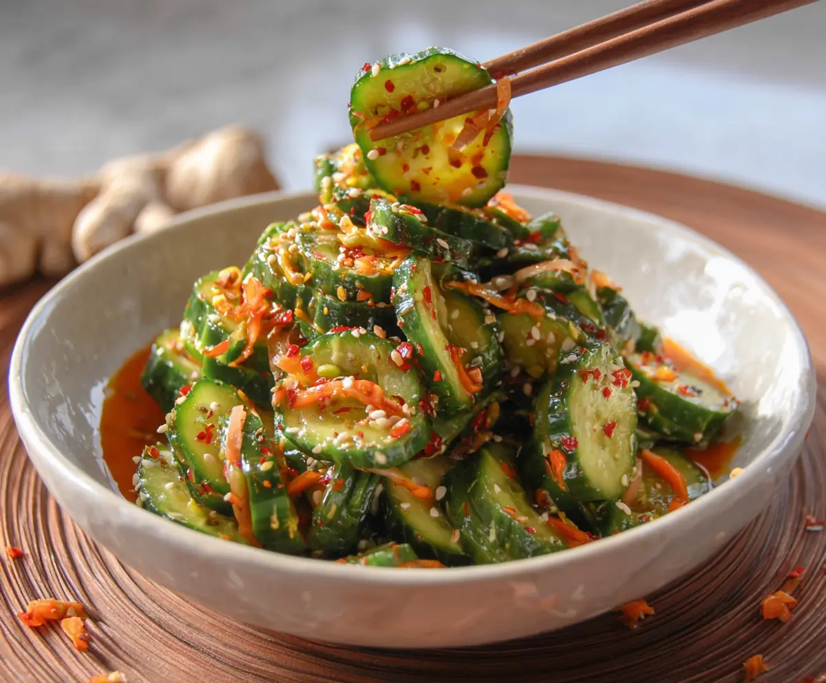 Fresh Asian cucumber salad with sliced cucumbers and herbs, perfect for a light and crunchy appetizer.