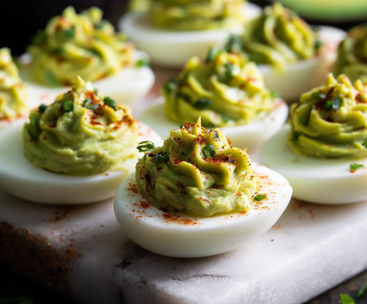 Creamy avocado deviled eggs garnished with paprika and fresh herbs, perfect for appetizers.