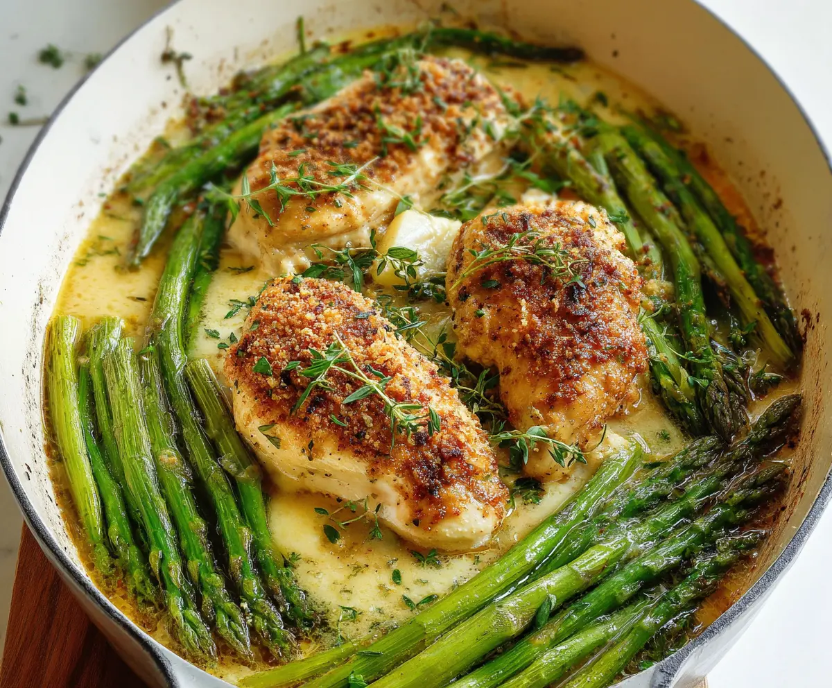 Delicious baked chicken with fresh asparagus on a white plate for a healthy dinner