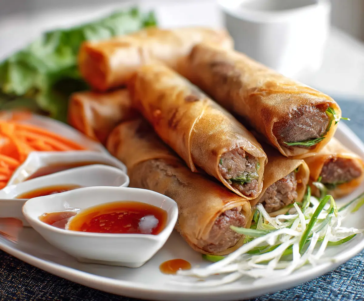 Delicious beef spring rolls with fresh vegetables wrapped in rice paper, perfect for appetizers.