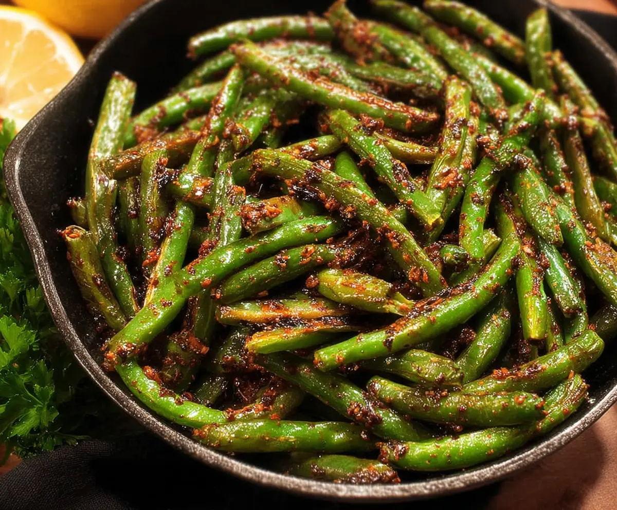 Delicious blackened green beans garnished with herbs in a close-up view