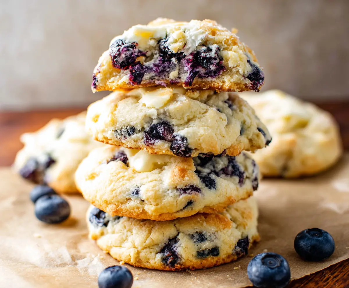 Delicious blueberry cheesecake cookies with a creamy filling and fresh blueberries on top.