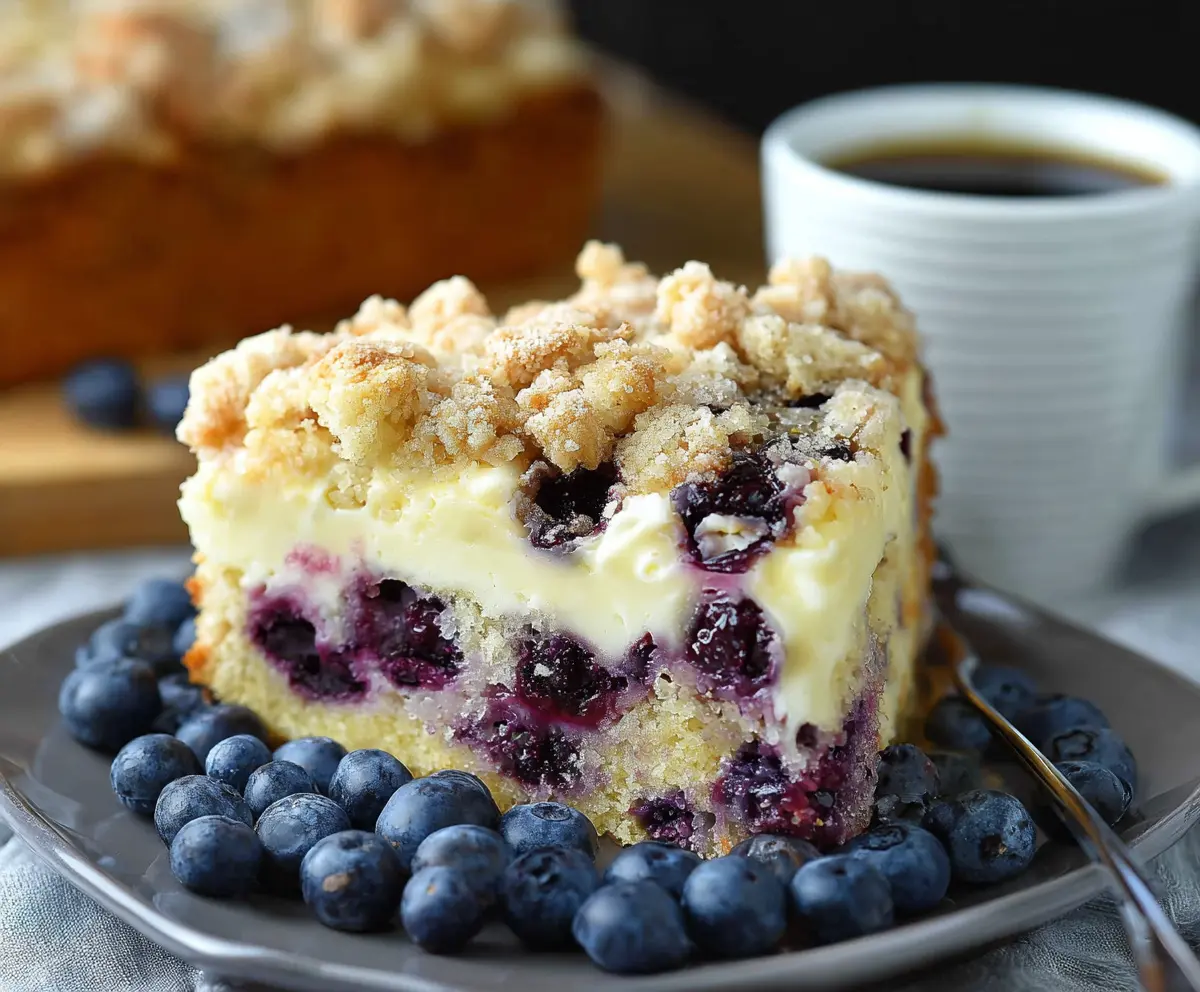 Delicious blueberry cream cheese crumb cake with a golden crust and fresh blueberries on top.