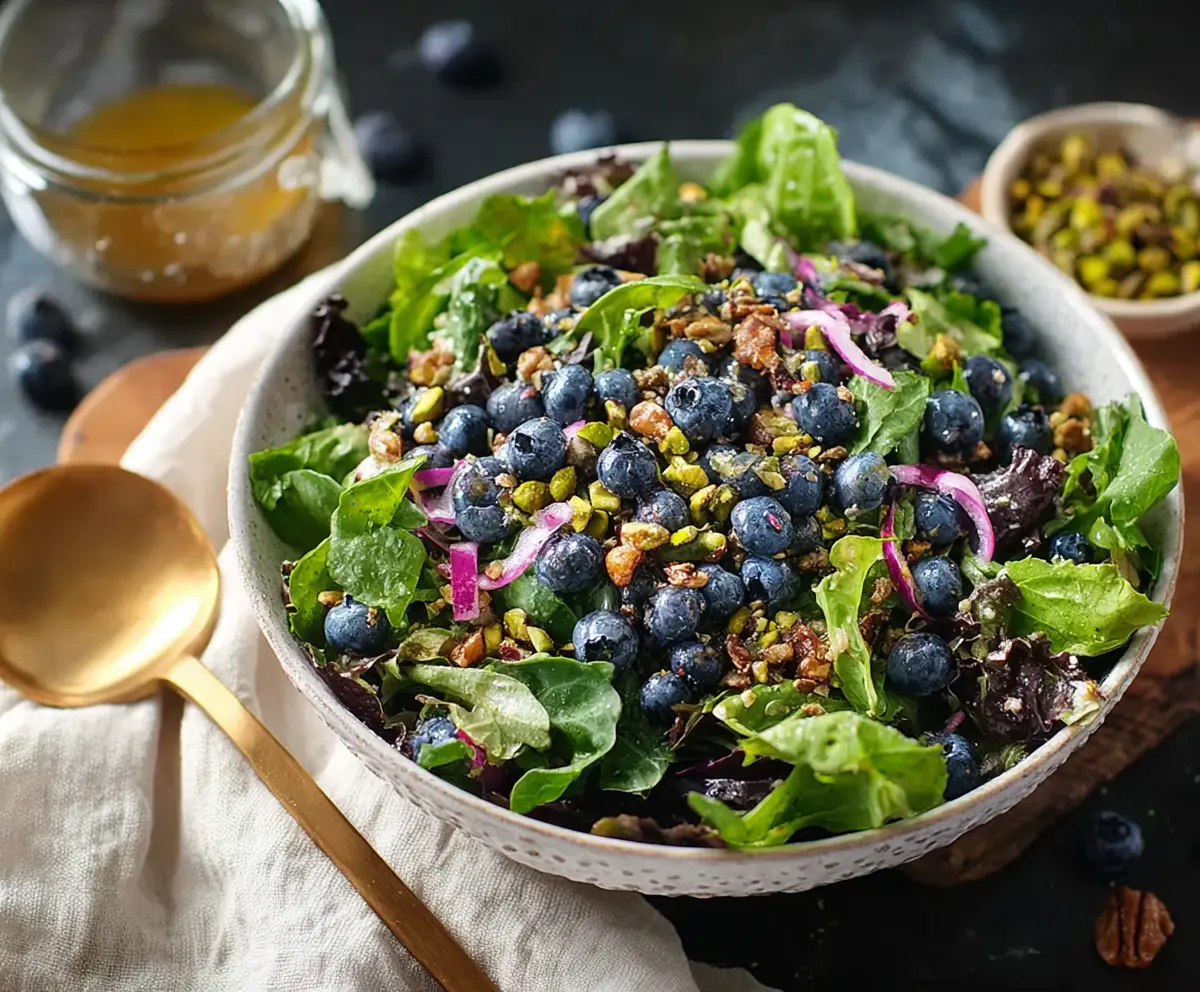 Fresh Blueberry Pistachio Crunch Salad with vibrant blueberries, crunchy pistachios, and leafy greens for a healthy treat.