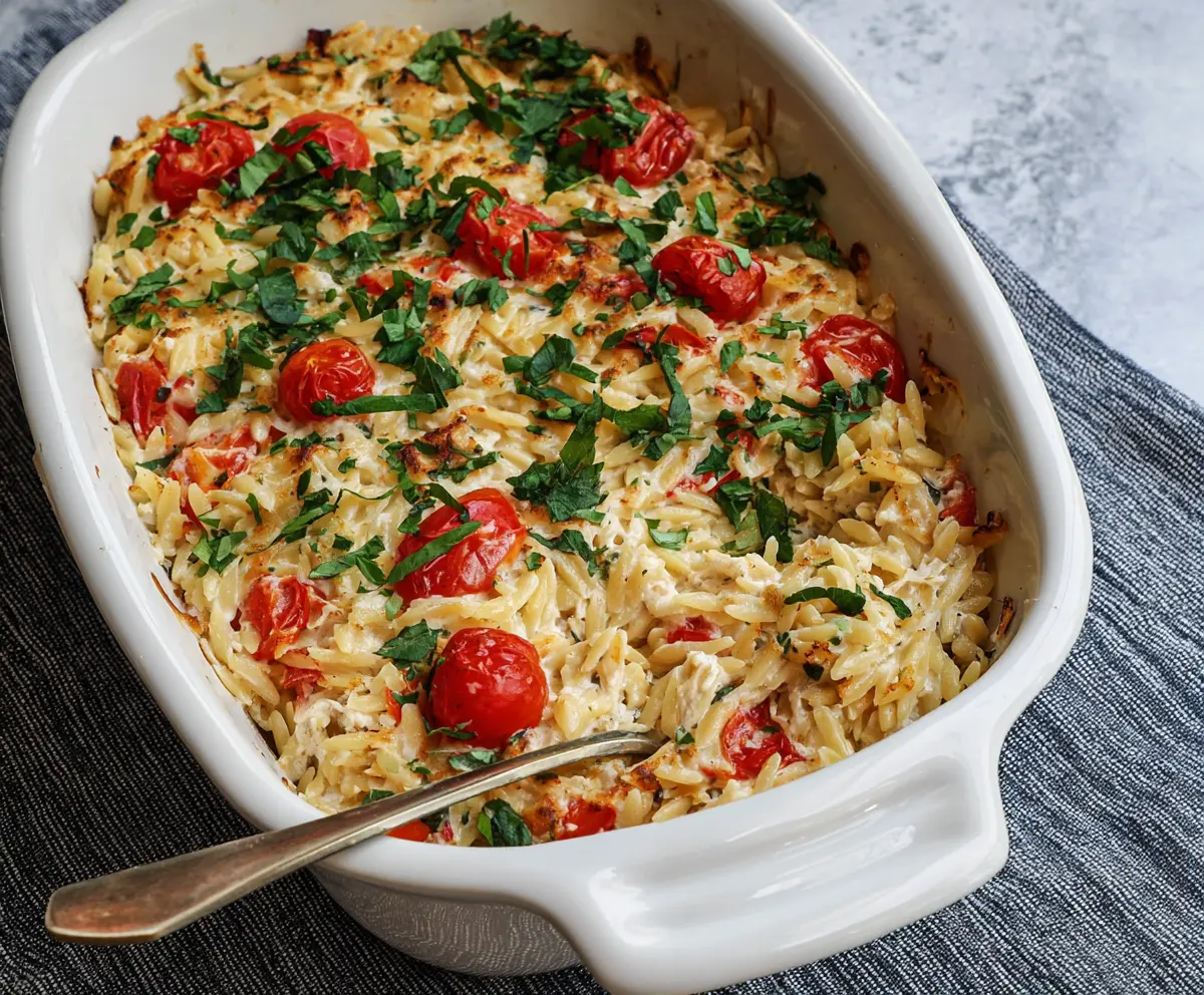 Creamy Boursin orzo bake topped with melted cheese and fresh herbs, serving as a delicious comfort food.