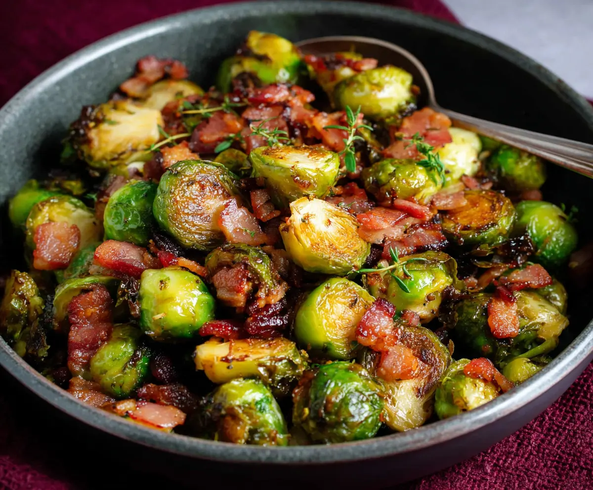 Crispy Brussels sprouts with bacon, a delicious roasted vegetable side dish.