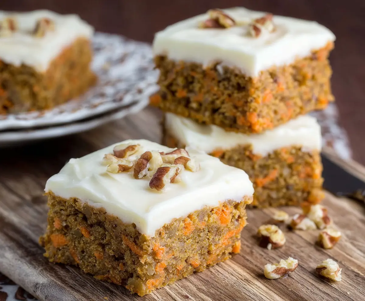 Delicious carrot cake bars topped with smooth cream cheese frosting on a serving plate.
