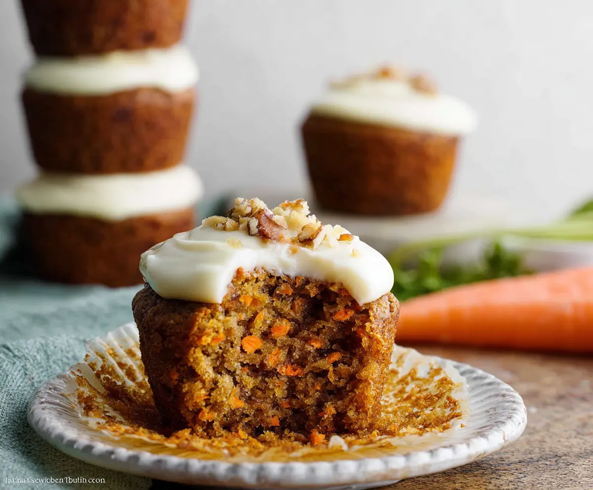 Delicious homemade carrot cake muffins with creamy frosting and grated carrots on top.