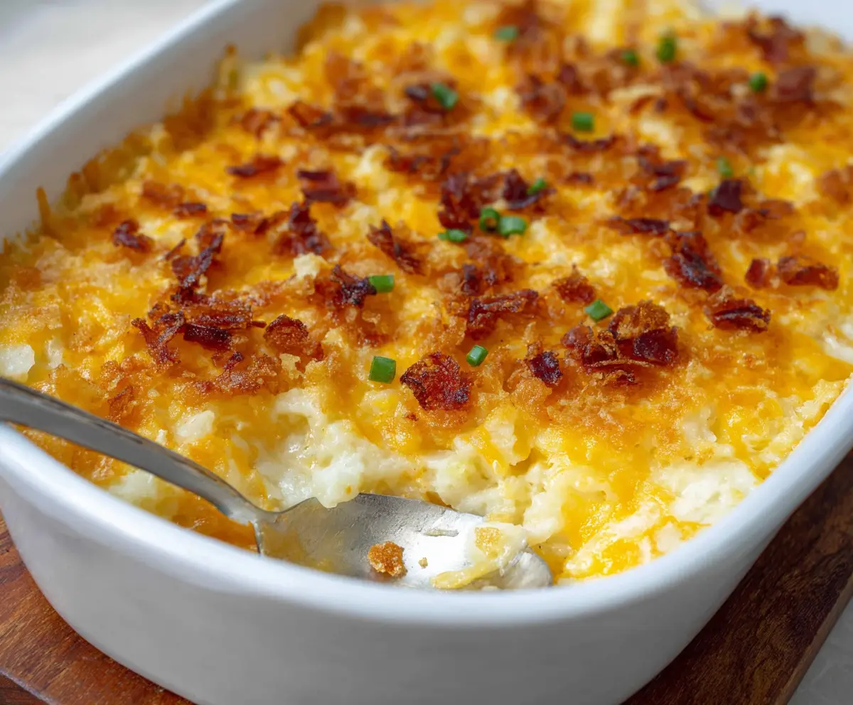 Delicious cheesy baked potato casserole topped with melted cheese and fresh herbs.