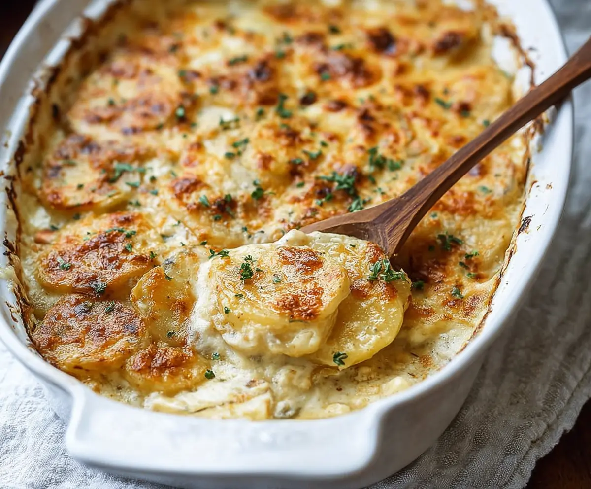 Delicious cheesy garlic scalloped potatoes with creamy layers and golden topping