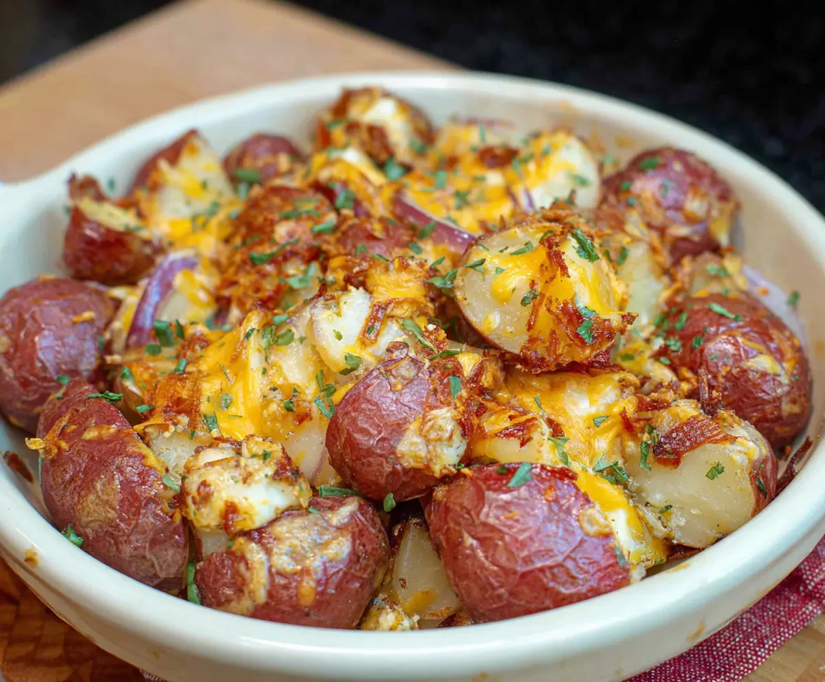 Delicious cheesy red potatoes baked to perfection with melted cheese and herbs.