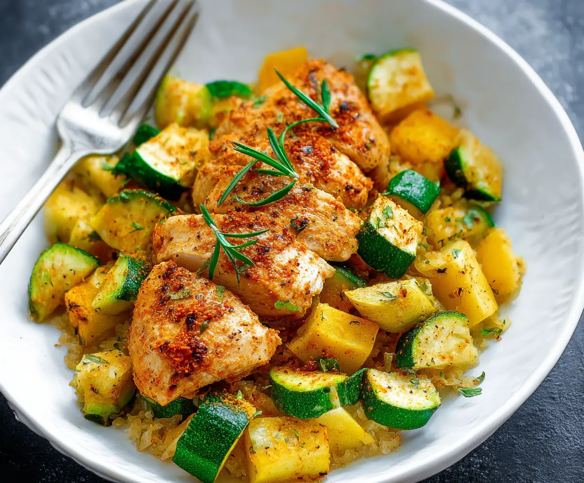 Delicious grilled chicken breast served with fresh zucchini and yellow squash slices. Perfect healthy meal.