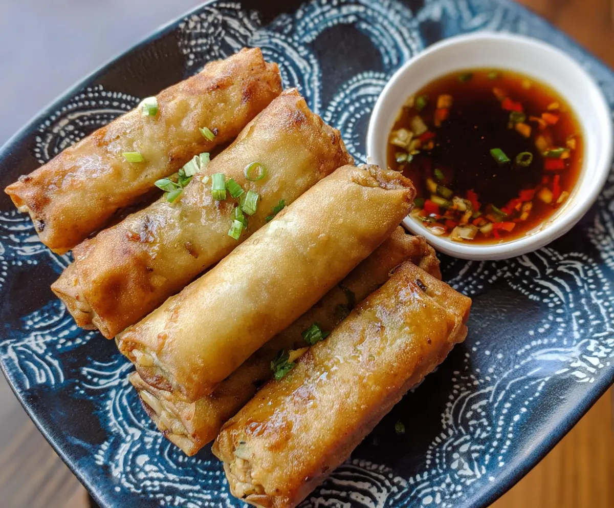 Crispy Chicken Lumpia served with dipping sauce on a plate.