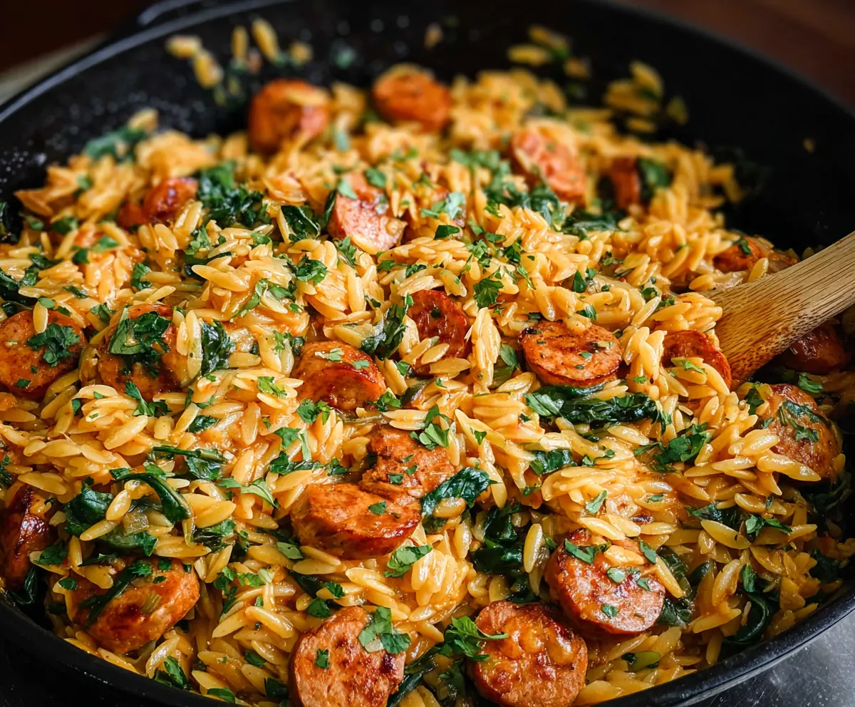 Delicious Chicken Sausage Orzo Skillet with fresh herbs and vegetables on a plate.