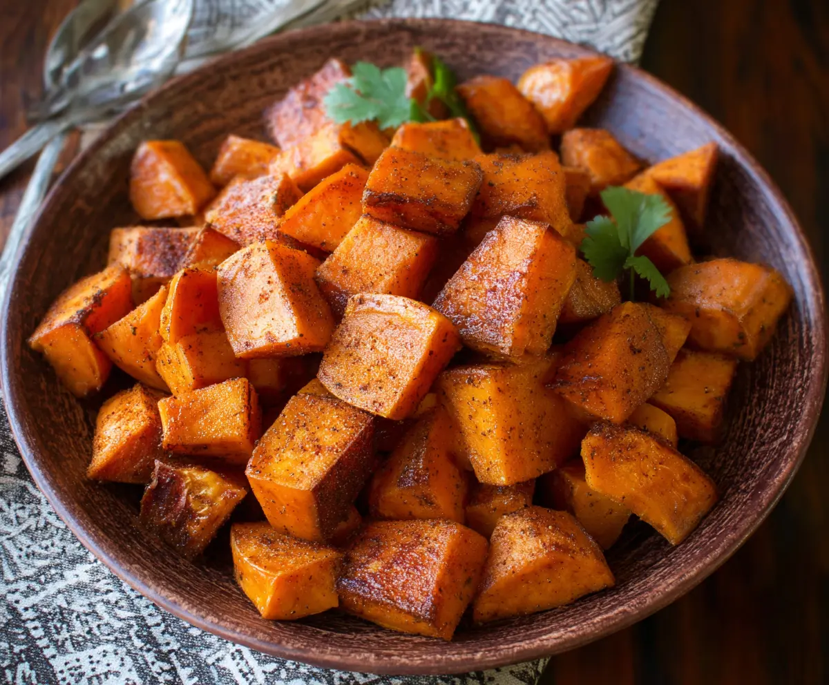 Bowl of cinnamon roasted sweet potatoes garnished with fresh herbs, perfect for a healthy snack or side dish