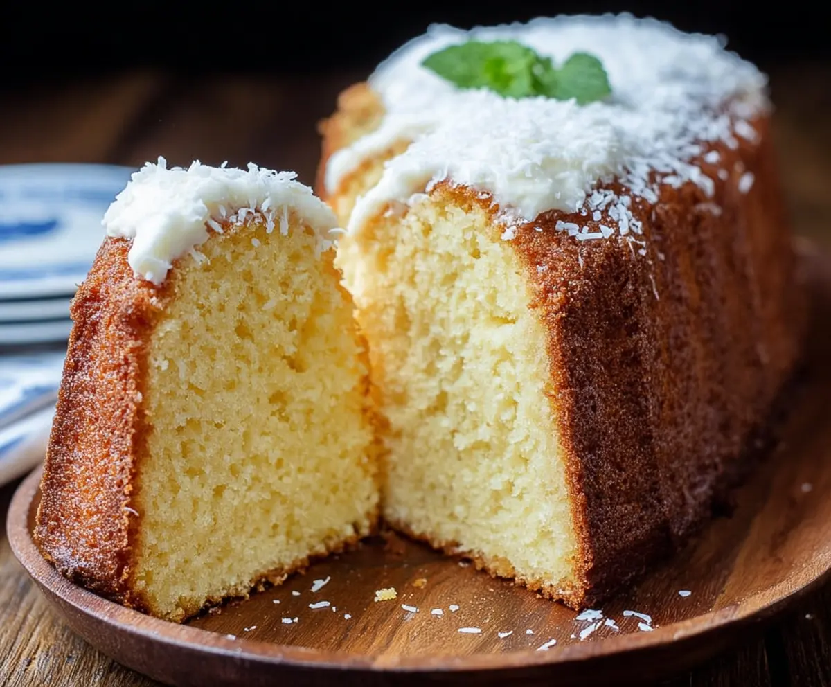 Delicious Coconut Cream Cheese Pound Cake sliced and ready to serve, showcasing a moist, buttery texture with coconut flakes on top.