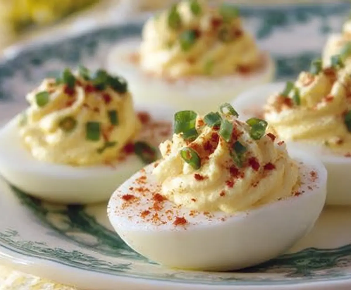 Cream Cheese Deviled Eggs on a platter garnished with paprika and chives