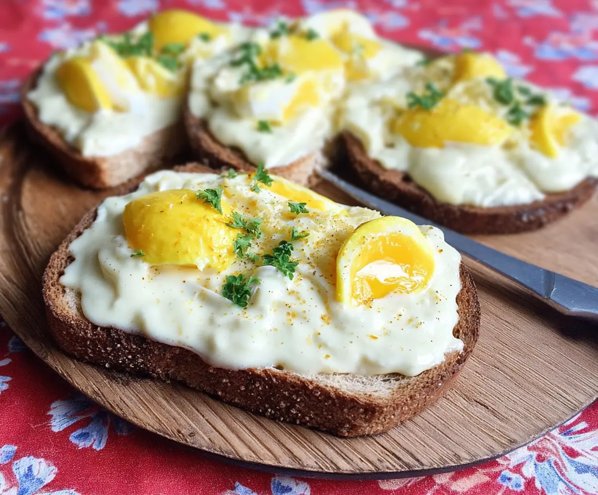 Delicious creamed eggs served on toasted bread, perfect for a hearty breakfast.