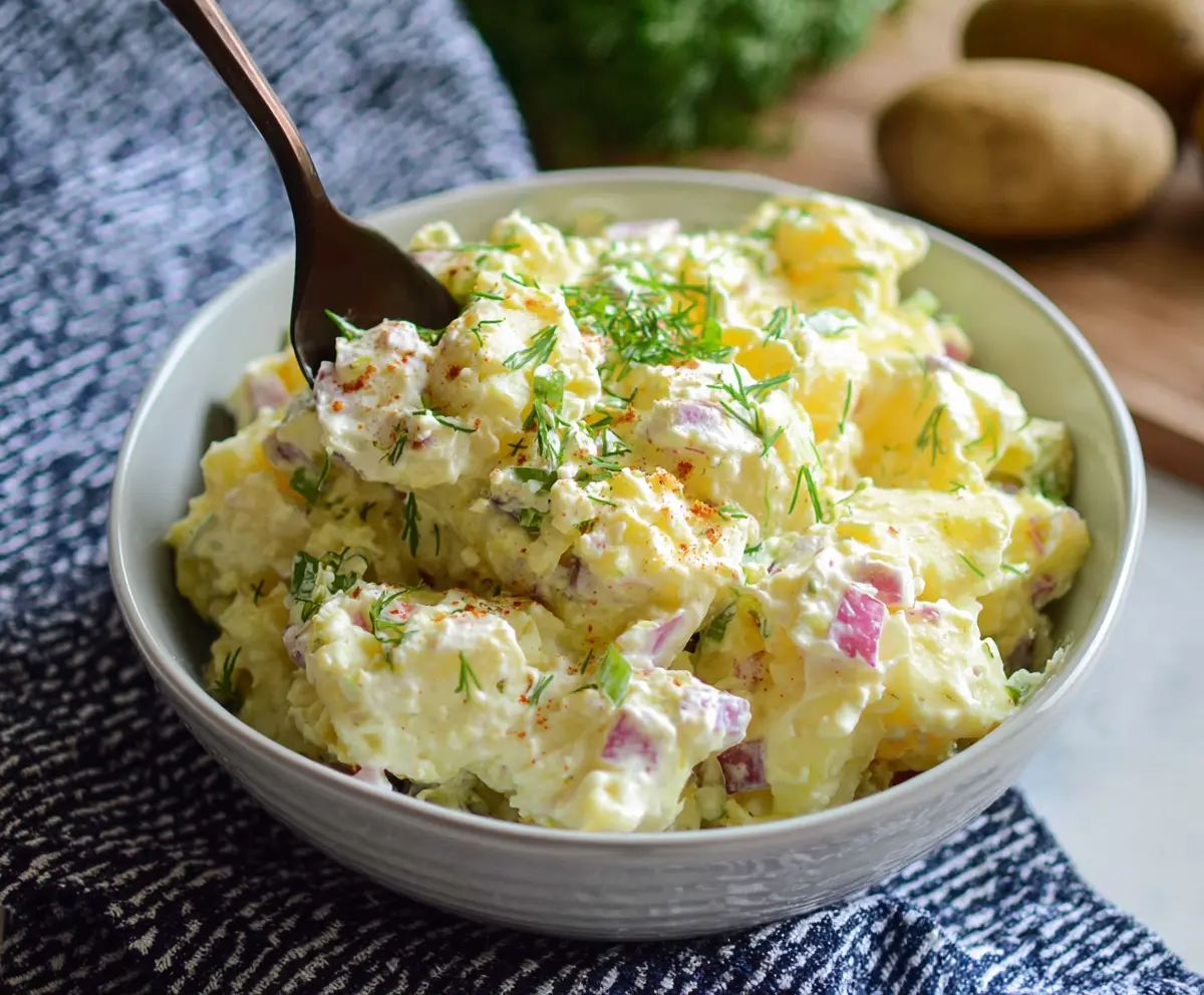 Creamy potato salad with fresh herbs and a creamy dressing on a white plate.