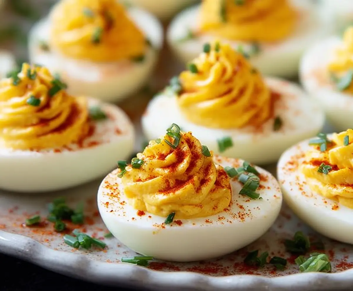 Creamy deviled eggs garnished with paprika and fresh herbs, perfect for appetizers.