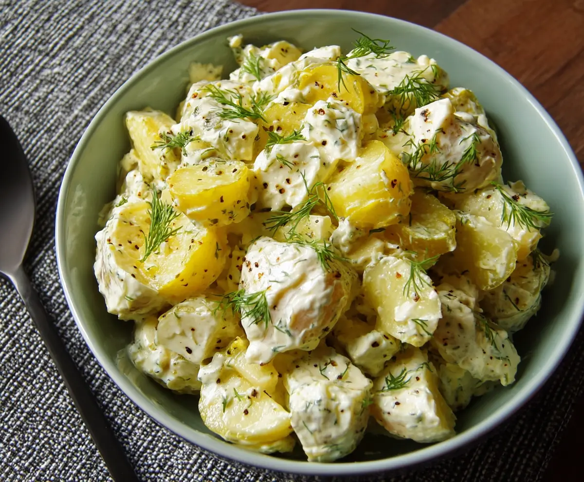 Dill Pickle Potato Salad in a bowl with fresh herbs and crunchy pickles for a refreshing side dish