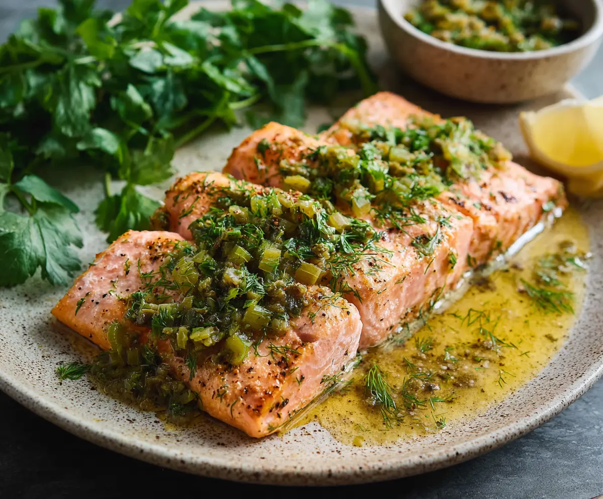 Delicious Dill Pickle Salmon garnished with fresh herbs on a plate.