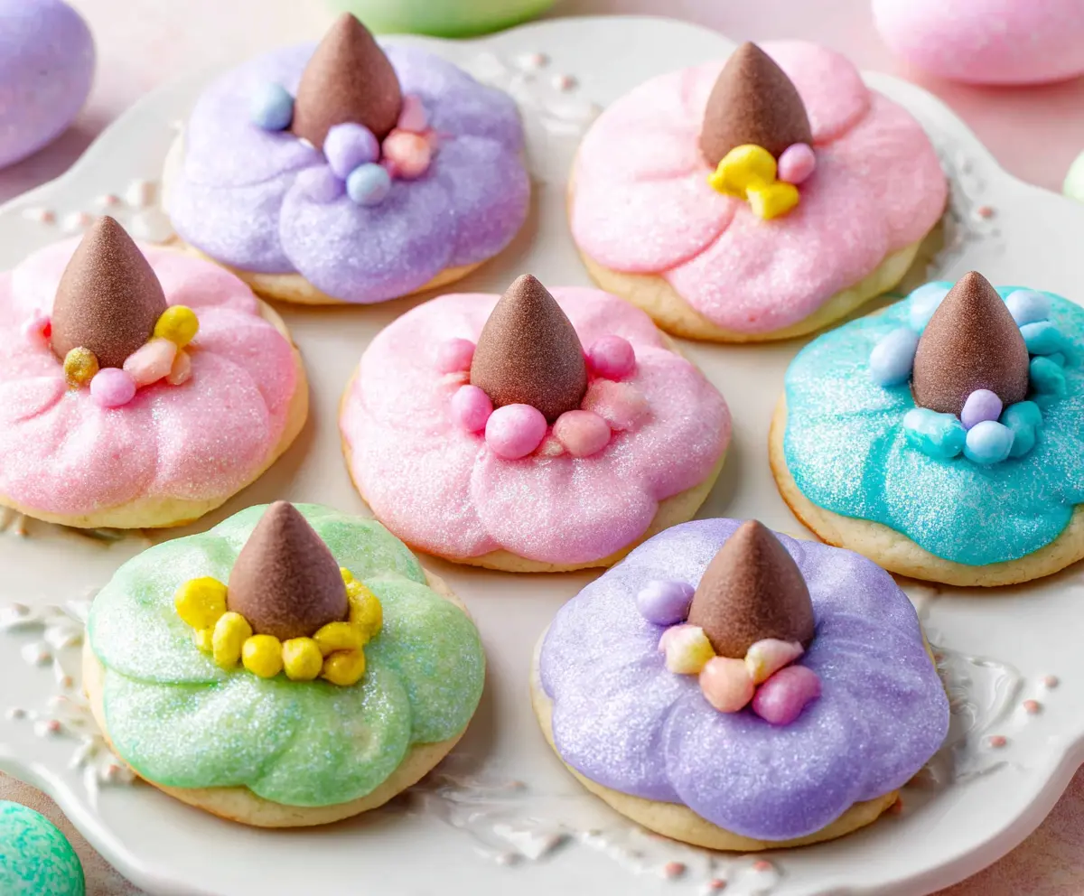 Colorful Easter Blossom Cookies decorated with pastel icing and sugar sprinkles for spring celebrations