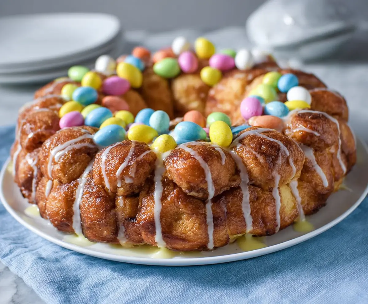 Delicious Easter Brunch Monkey Bread with golden, flaky crust and sweet cinnamon filling on a festive plate.