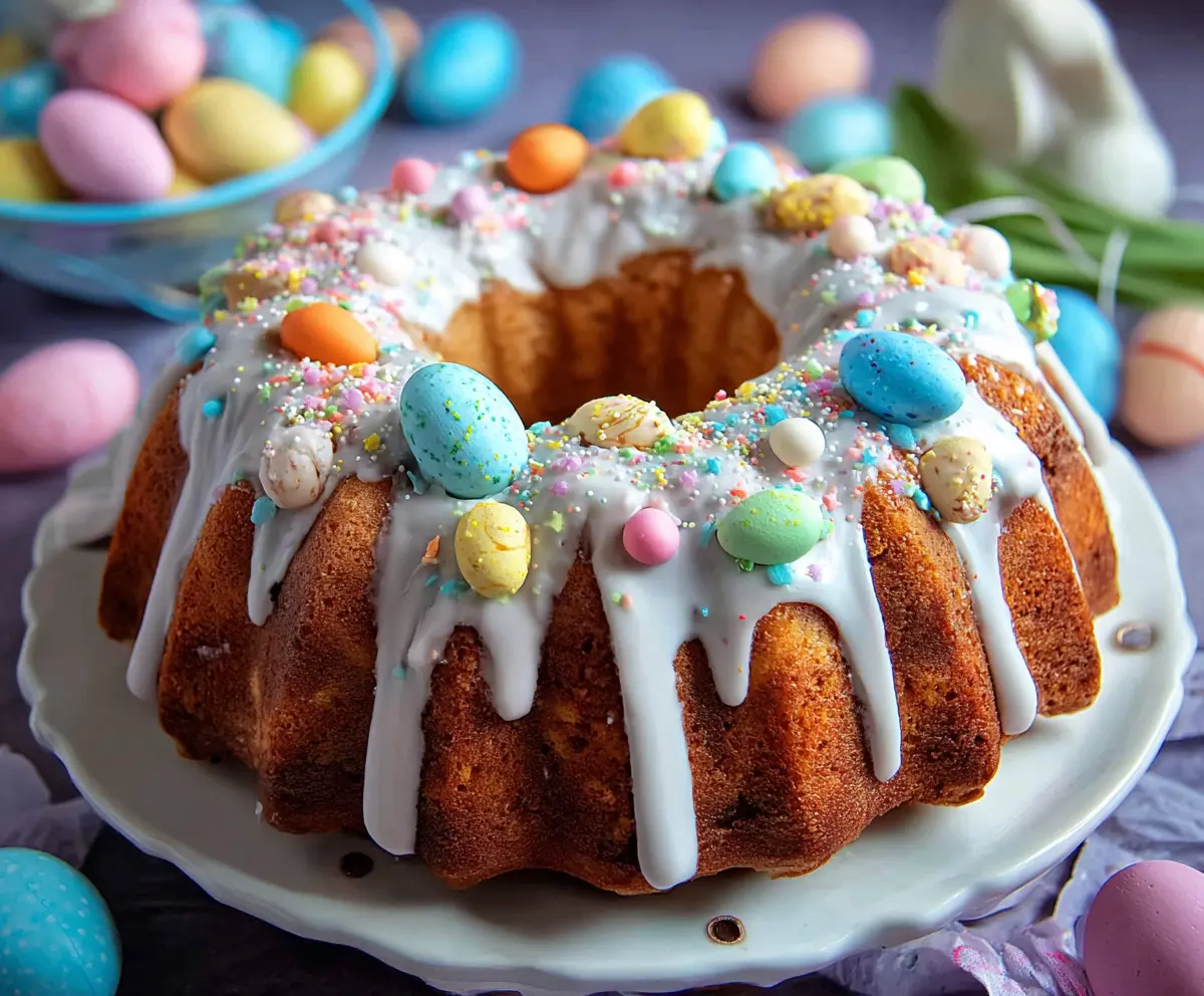 Delicious Easter Bundt Cake decorated with pastel icing and festive sprinkles, perfect for spring celebrations.