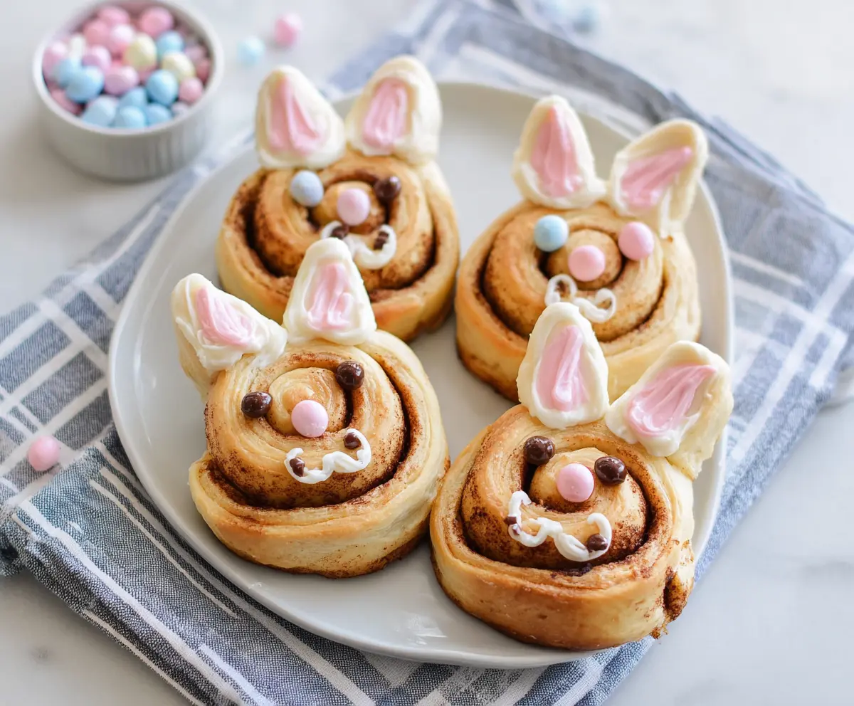 Easter Bunny Cinnamon Rolls decorated with colorful icing and sprinkles for Easter celebration
