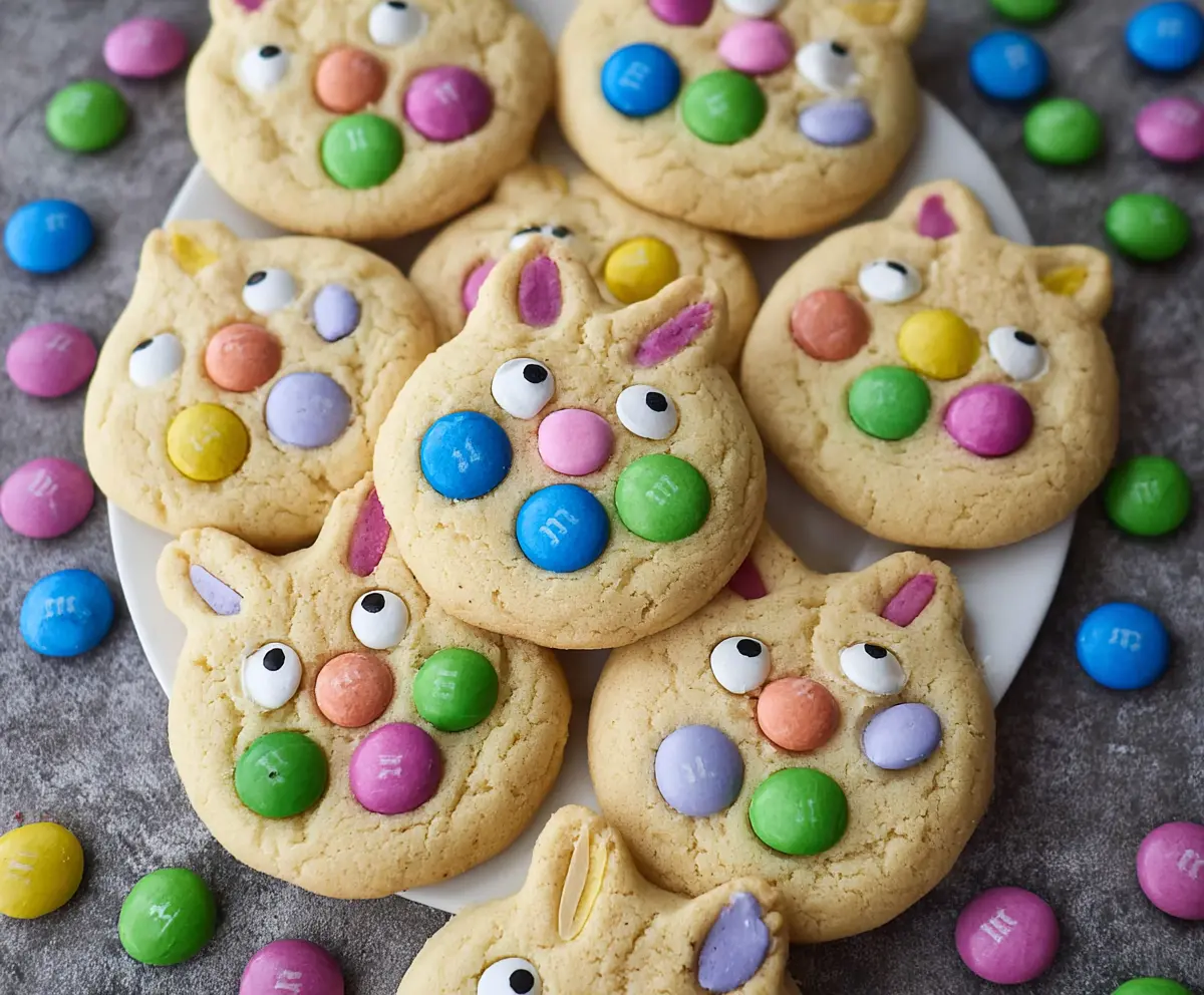 Chewy Easter Bunny M&M's Cookies decorated with colorful M&M candies for spring celebrations.