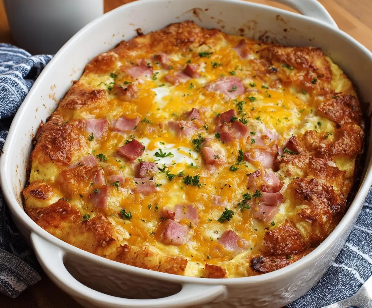 Delicious Easter Cheesy Ham and Egg Casserole topped with melted cheese and fresh herbs.